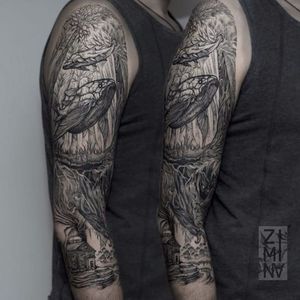 Fantasy sleeve tattoo by Zhenya Zimina #ZhenyaZimina #blackwork #engraving #whale #btattooing #blckwrk  #sleeve #blackworksleeve