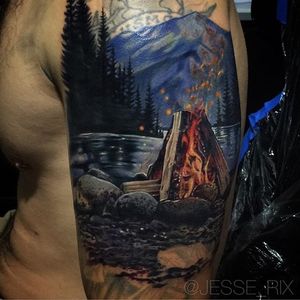 A lovely campfire near a mountain-top lake by Jesse Rix (IG—jesse_rix). #campfire #color #JesseRix #lake #landscape #mountain #realism