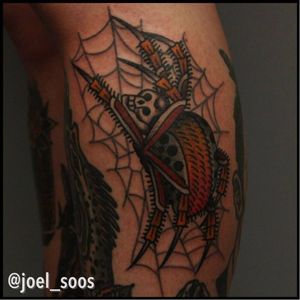 Tattoo by Joel Soos #spidertattoo #JoelSoos #traditionaltattoo