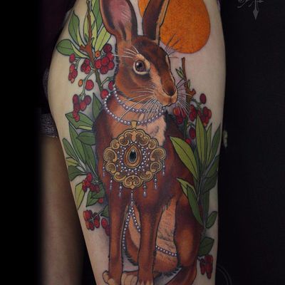 Fancy rabbit by Antony Flemming #AntonyFlemming #neotraditional #color #hare #rabbit #jackrabbit #sun #fall #animal #nature #leaves #cranberries #jewelry #pearls #gold #filigree #tattoooftheday