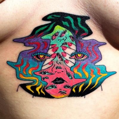 Surreal portrait. Tattoo by Julian Llouve #JulianLlouve #color #linework #illustrative #surreal #eyes #rainbow #hands #nails #lips