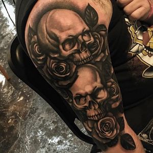 Black and grey skulls and roses half sleeve by Jay Quarles. #blackandgrey #realism #skull #flower #rose #JayQuarles