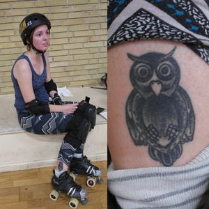 Owl tattoo done at Tigre Tattoo Parlour in Copenhagen #owl #guardiananimal #friendshiptattoo #Copenhagen #rollerderby #tattooedathletes