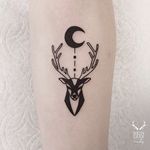 Deer blackwork tattoo by Nudy. #Nudy #blackwork #crescentmoon #crescent #moon #deer #antlers