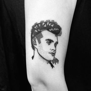 Morrissey blackwork hand poke portrait tattoo by Maks Mariańczuk. #MaksMarianczuk #BlameMax #handpoke #blackwork #sticknpoke #portrait #popculture #icon #morrissey #musician #music