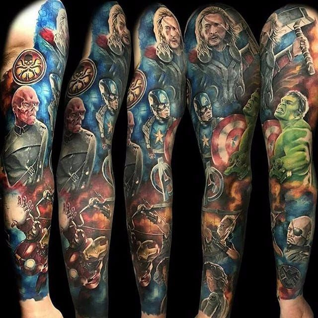 Complete Marvel Avengers Sleeve Tattoo  Marvel tattoos Avengers tattoo Marvel  tattoo sleeve