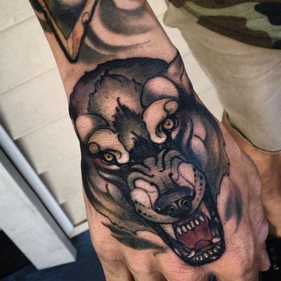 Wolf tattoo by Matt Tischler #MattTischler #handtattoos #color #neotraditional #newschool #wolf #dog #animal #fangs #nature #petportrait #forestlife #tattoooftheday