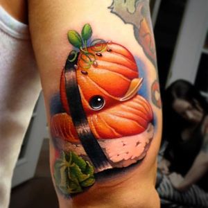 Sushi rubber ducky tattoo by Steven Compton. #newschool #rubberduck #StevenCompton #rubberducky #sushi