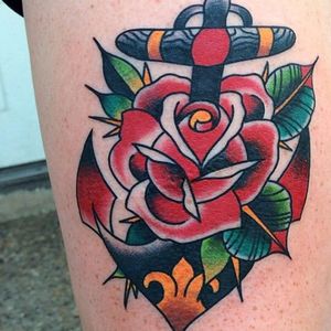 Rose + anchor scar coverup tattoo of Brittany Healy by David Cottom, via Buzzfeed. #traditional #anchor #rose #scar