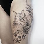 Cat tattoo by Norako #Norako #dotwork #nature #cat #flower