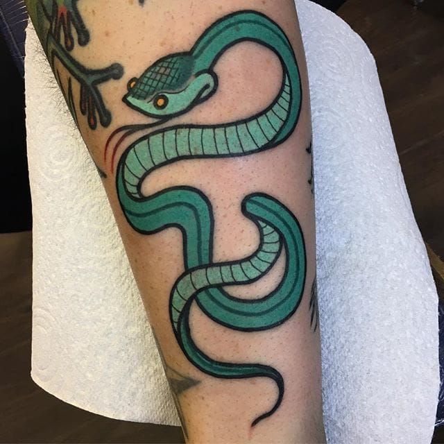 The highly requested finished update on my RR tattoo My take on a Pit Viper  wrapped around a Sling Blade  rredrising
