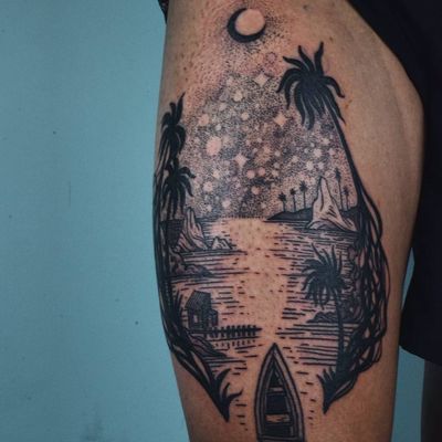 Landscape tattoo by Noel'le Longhaul #NoelleLonghaul #landscapetattoo #blackwork #linework #dotwork #Vietnam #boat #plants #trees #jungle #ocean #river #sky #stars #mountains #cabin #tattoooftheday