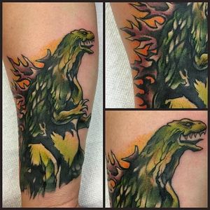 Godzilla Tattoo by Rick Moreno #RickMoreno #SlickRick #Traditional #Neotraditional #ElectricChairTattoo #Godzilla