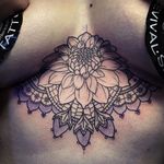 Decorative lace dahlia sternum tattoo in progress by Greg Howell. #wip #GregHowell #dahlia #lace #blackwork #floral #dahliaflower #btattooing