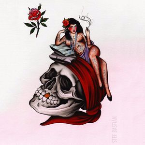 Girl, roses and skull design by Stef Bastián #royaltattoo #girl #skull #pirate #tattoo #rose #tattooflash #pinup #stefbastian
