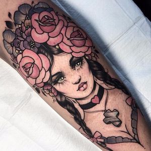 Cute lil lady by Ly Moloney #LyMoloney #color #blackandgrey #portrait #face #lady #newtraditional #cross #flowers #roses #pansy #choker #jewelry #ladyhead #tattoooftheday