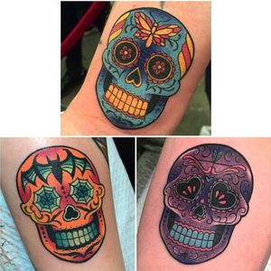 Three sugarskulls Meg tattooed at the Tiny Trifecta Art Show #MeganMassacre #megandreamtattoo #colorful #skull #skulltattoo #sugarskull #nyink #newschool