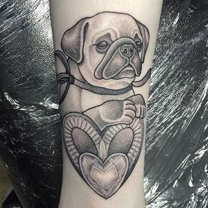 Dog tattoo by Amy Victoria Savage #AmyVictoriaSavage #dotwork #animal #dog #pug #heart