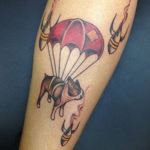 Little dog parachuting in traditional style, by William Buenavista #WilliamBuenavista #parachutetattoo #parachute #dog #traditonal