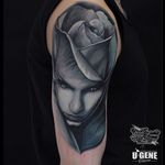 One of U-Gene's most gorgeous surreal tattoos (IG—u_genetattoo). #dark #horror #ladyhead #realism #rose #surrealism #UGene