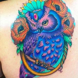 Vivid owl tattoo by Megan Massacre #owl #bird #meganmassacre #vivid #color #coloredowl #neotraditional