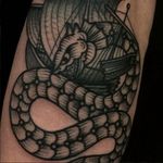 A bold sea serpent by Rob Banks (IG—robbanksofamerica). #blackwork #illustrative #maritime #nautical #RobBanks #scrimshaw #seacreature #seaserpent