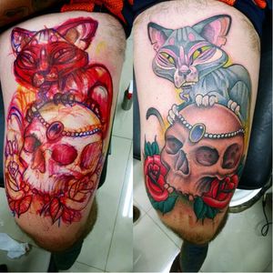 #gatíneo #gato #cat #catlovers #caveira #skull #FlavioTiqueno #NeoTraditional #NeoTrad #coloridas #talentoNacional #inkteam #brasil