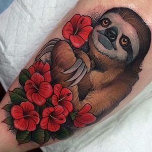 A lazy sloth taking a rest in a bed of flowers. By Crispy Lennox. #sloth #flower #neotraditional #styledrealism #CrispyLennox