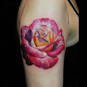 Color realistic yellow and pink rose tattoo by Justin Buduo. #realism #colorrealism #JustinBuduo #flower #rose