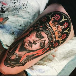 Solemn looking Virgin Mary tattoo by Jacob Gardner. #jacobgardner #neotraditional