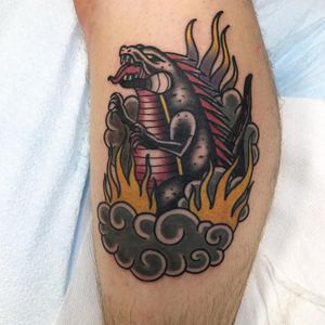 A traditional tattoo of Godzilla by Jessy Dufour (IG—jessy.dufour). #Godzilla #JessyDufour #traditional