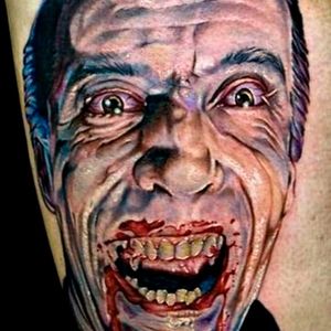 He was a terrifying Dracula Tattoo by Cecil Porter #Dracula #vampire #horror #cinema #BramStoker #ChristopherLee #colorwork #CecilPorter