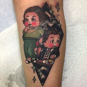 Dale Cooper and Audrey Horne kewpie tattoo by Christina Hock (via IG -- thedolorosatattoo) #christinahock #twinpeaks #twinpeakstattoo