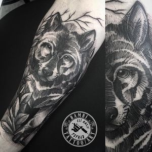 Dark line work wolf tattoo by Bambi Bambs. #blackwork #BambiBambs #linework #wolf #sketch