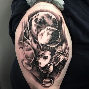 Riddle me this: Is it a black and grey or a color realism dalmatian portrait?! Tattoo by Zsolt Mihaly. #realism #dog #dalmatian #petportrait #blackandgrey #ZsoltMihaly