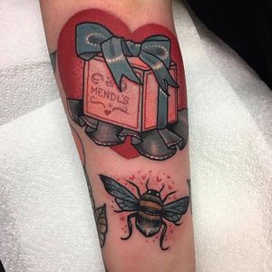 Heart + bee tattoo by Jody Dawber. #JodyDawber #tattooartist #uk #england #bee #heart
