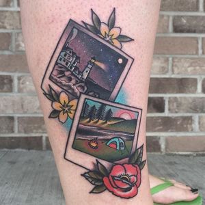 Lighthouse and camping Polaroid photographs. Tattoo by Josh Barg. #neotraditional #flowers #polaroid #photograph #lighthouse #camping #memories #memory #JoshBarg