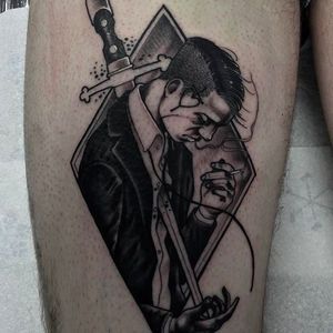 Dagger through smoking man tattoo by Neil Dransfield @Neil_Dransfield_Tattoo #NeilDransfieldTattoo #Black #Blackwork #Blackworkers #DarkTattoos #DarkArtists #Dagger #smoking #man #NeilDransfield