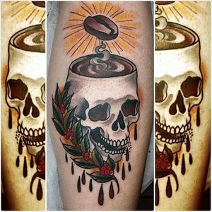 Barista-insipired tattoo by Tony Mulkes. #skull #coffee #barista #caffeine #coffeelover