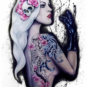 Love the matching skull hairpiece with the tattoos. Painting by Martin Darkside. #MartinDarkside #prettypieceofflesh #darkart #tattoedartist #UKpainter #pinupgirls #horror #oilpainting #bradford #skeleton #skull #roses