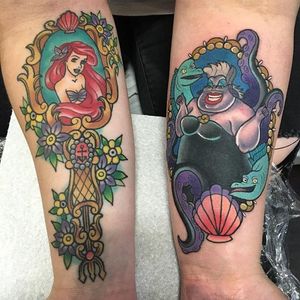 'The Little Mermaid' themed forearm pieces by Alex Rowntree. #Disney #TheLittleMermaid #Ariel #Ursula #mermaid #traditional #AlexRowntree