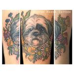 Shih tzu and flowers tattoo by Hanna Sandstrom. #neotraditional #styledrealism #flowers #dog #shihtzu #HannaSandstrom