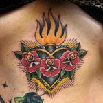 Sacred heart tattoo by Tim Hendricks #TimHendricks #traditional #color #sacredheart #heart #roses #rose #leaves #floral #flowers #pearls #fire #linework