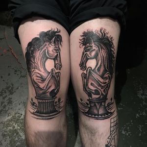 Chess pieces tattoo by Servadio #Servadio #horsetattoos #blackandgrey #illustrative #horse #chess #chesspieces #game #knight #landscape #trees #house #animal