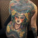Japanese/Neo-Traditional mashup backpiece by Claudia De Sabe #ClaudiaDeSabe #japanese #neotraditional #color #lady #dragon #flower #peony #tattoooftheday