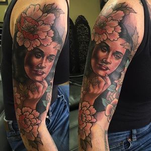 Woman and flowers half sleeve cover up by Jasmin Austin. #neotaditional #flower #peony #lady #woman #coverup #JasminAustin