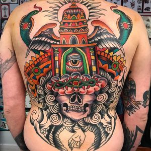 Tattoo by Robert Ryan #RobertRyan #color #traditional #Hindu #surreal #backpiece #temple #wings #feathers #skull #thirdeye #naga #snake #reptile #mudra #crownofthorns #clouds #sun