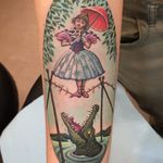 The Tightrope Girl tattoo by David Irizarry #DavidIrizarry #color #newtraditional #cartoon #disney #hauntedhouse #tightrope #ballet #ballerina #circus #alligator #animal #nature #lady #umbrella #besttattoos #tattoooftheday