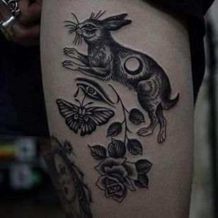Tattoo by Franco Maldonado #FrancoMaldonado #black gray #illustrative #linework #newtraditional #darkart #surrealistic # rabbit # moon # eye # cry #rose # tear #butterfly #naturaleza