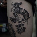 Tattoo by Franco Maldonado #FrancoMaldonado #blackandgrey #illustrative #linework #newtraditional #darkart #surreal #rabbit #moon #eye #crying #rose #tear #butterfly #nature